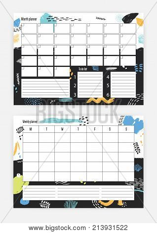 Set of horizontal month and weekly planner templates with bright colored abstract decorative elements on background, to do list and place for notes. Effective planning. Week start monday.