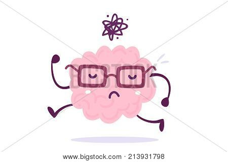 Vector Illustration Of Pink Color Human Brain With Glasses Goes Thinking Forwards On White Backgroun