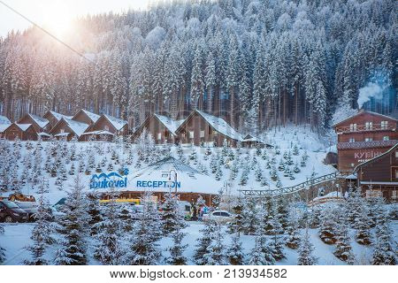 Bukovel, Ukraine - December 22, 2016: The wooden houses in the Ukrainian resort Bukovel at Bukovel, Ukraine on December 22, 2016