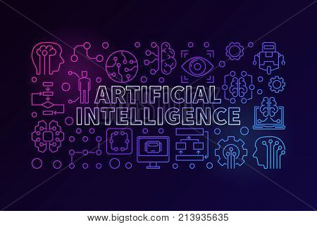 Modern colorful vector illustration made with words Artificial Intelligence and technology icons in thin line style on dark background