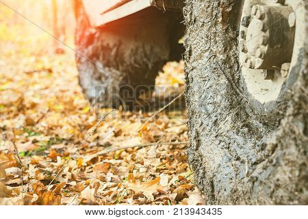 Dirty the wheels of the car after off-road. The car is in the autumn forest, fallen leaves. Selective focus