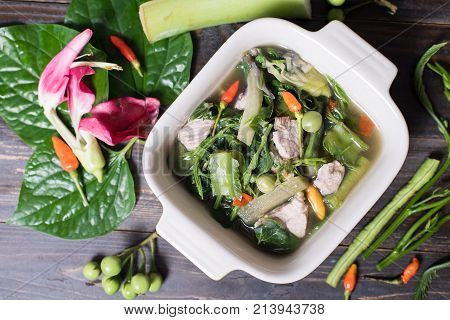 Northern Thai food (Kaeng Khae with pork), curry is made mainly with vegetables and herbs, Main ingredients is Piper sarmentosum leaves