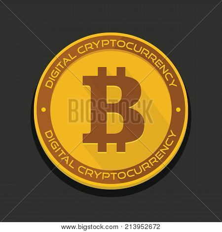 Cartoon golden bitcoin coin vector illustration for fintech net banking and blockchain concept. Golden bitcoin money internet finance coin with shadow