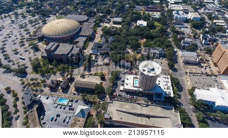 Aerial shot of downtown Mobile, Alabama in November