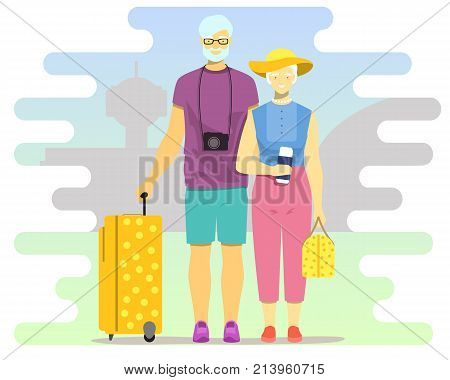 Vector illustration of mature elderly couple travelling together. Active seniors flat style design element.