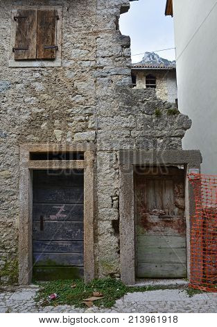 A derelict building in hill village of Erto in Friuli Venezia Giulia north east Italy. The village is famous locally for having being evacuated following the 1963 Vajont Dam disaster.