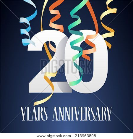 20 years anniversary celebration vector icon logo. Template design element with modern paper cut out number and garlands for 20th anniversary card