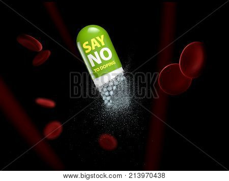 3D Illustration Of Dissolve Capsule With Word Say No To Doping