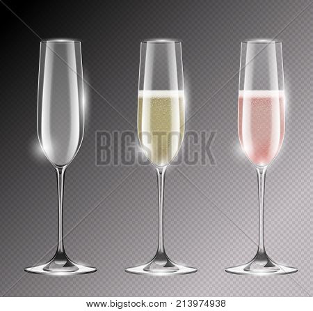 Transparent champagne glass flute vector illustration. Realistic set of glasses with sparkling white and rose wine and empty glass. Empty goblet with highlights.