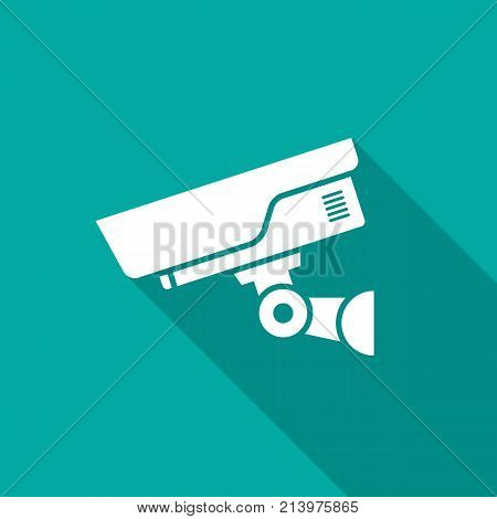 Security camera icon with long shadow. Flat design style. CCTV camera simple silhouette. Modern minimalist icon in stylish colors. Web site page and mobile app design vector element.
