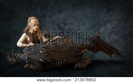 3D illustration beautiful blonde and fantasy dragon