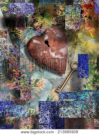 3D rendering. Surrealism. Rusted heart with keyhole and golden key. Messy anstracted background with colorful lines and letters.