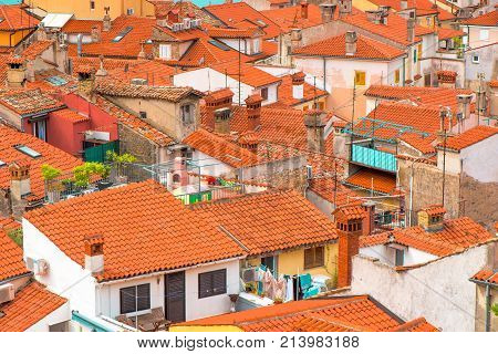 PIRAN SLOVENIA - SEPTEMBER 3 2017: Piran rooftops on sunny summer day. Piran is the administrative centre of Slovenian Istria and one of Slovenia's major tourist attractions.