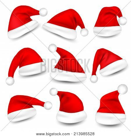 Christmas Santa Claus Hats With Shadow Set. New Year Red Hat Isolated on White Background. Vector illustration.