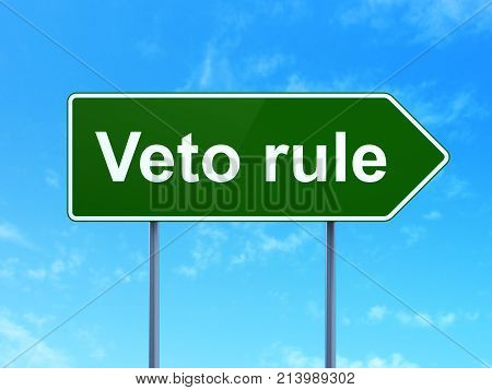 Politics concept: Veto Rule on green road highway sign, clear blue sky background, 3D rendering