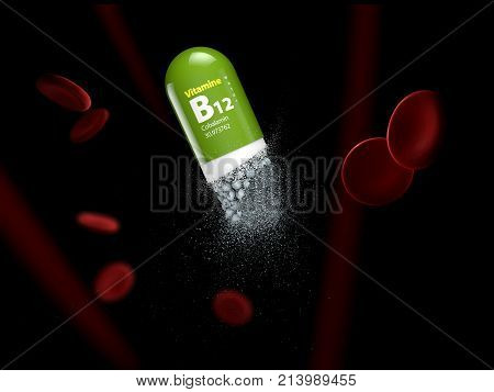 3D Illustration Of B12 Mineral, Dissolved Capsule In The Vein