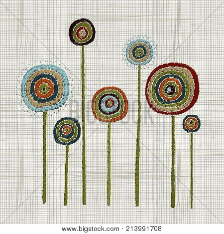 Colorful Hoop Art. Hand Stitched Embroidery Of A Fantastical Flowers. Bold Stitches. Floral Wall Art