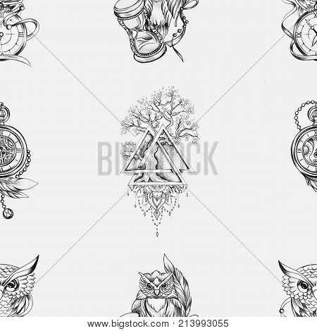 eamless pattern in the triangle tree owl and watch on white background.