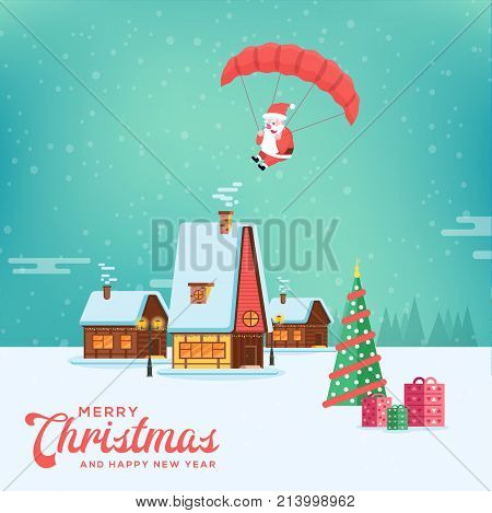 Cute Happy Smiling Cartoon Santa Flying With Parachute On Rural Winter Landscape Background. Christm