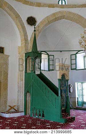LARNACA, CYPRUS - JULY 27, 2017: Interior of Hala Sultan Tekke Mosque near Larnaca, Cyprus.