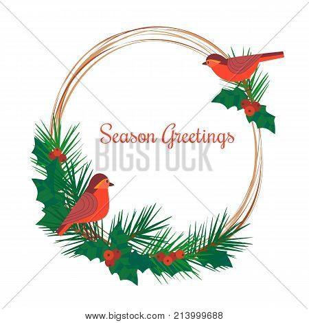 Season greeting card. Christmas decoration. Round pine tree wreath winterberry holly. Red bullfinch bird of winter garden. Template for happy holiday banner new year eve party. Vector illustration