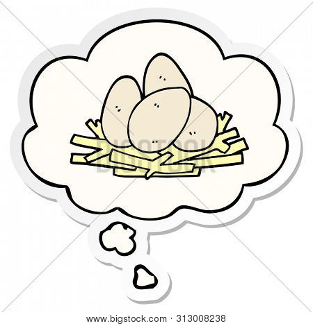 cartoon eggs in nest with thought bubble as a printed sticker