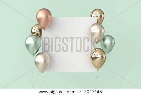 Illustration Of Glossy Gold, Colorful Balloons And White Paper On Pastel Coloerd Background. Empty S