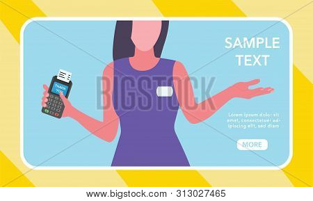 Pos Terminal For Contactless Pay. Website Banner Or Webpage Layout Template With Text And Woman