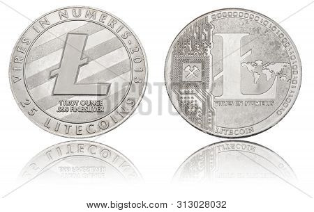 Silver Cryptocurrency Coin - Litecoin,  Isolated On A White