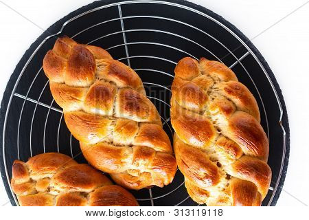 Homemade Food Concept Process Braiding Bread Braid Challah Dough On White Background With Copy Space
