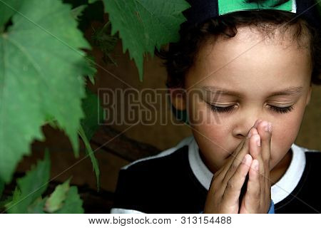 Boy Praying To God  With Hands Held Together And Close Eyes Been Religious Stock Image And Stock Pho