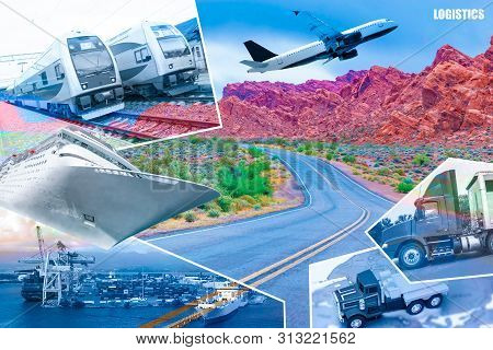 Abstract Design Background, Trucks And Transport. Highway And Delivering. Collage With Double Exposu