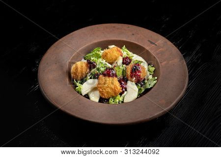 Tasty Homemade Cheese Donuts Jam, Poured With Pear And Salad.