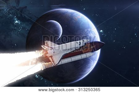 Space Shuttle Against Background Of Deep Space Planets. Exoplanets In Blue Light. Science Fiction. E