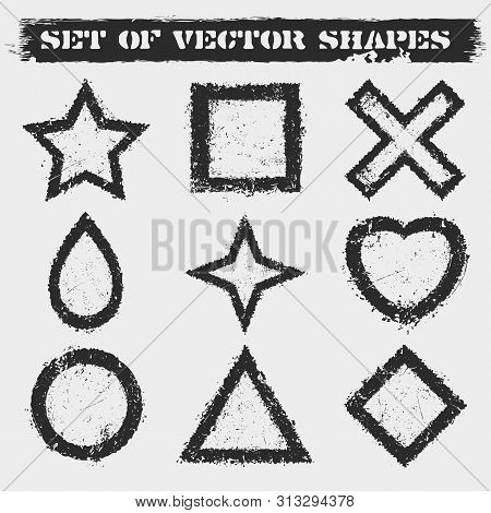 Vector Illustration Of 9 Isolated Grunge Frames Consists Of Stars, Square, Drop, Cross, Heart, Circl