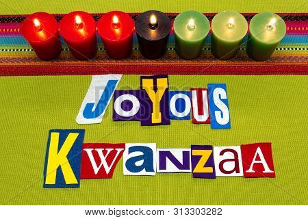 Joyous Kwanzaa Text Word Collage Typography, Seven Candles And Multi Colored Fabric On Green Woven F