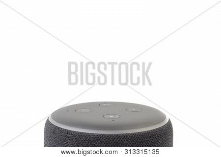 Kuala Lumpur - July 24, 2019 : Amazon Echo Dot Loudspeaker Alexa Voice Service Activated Recognition