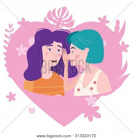 Two Girls Gossiping Surprised, Says Rumors To Other Female Character. One Excited Girl Whispers Secr