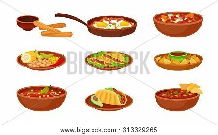 Set Of Images Of Traditional Mexican Dishes. Vector Illustration On White Background.