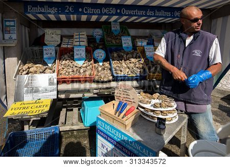 Cancale, France - September 15, 2018: Sale Of Fresh Oysters Straight From The Fishery In Cancale. Br