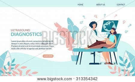 Advertising Poster Ultrasound Diagnostics Flat. Pregnant Woman Lying On Couch In Doctors Office. On 