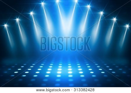 Empty Background Scene. Dark Street Reflection On Wet Asphalt. Rays Of Neon Light In The Dark, Neon