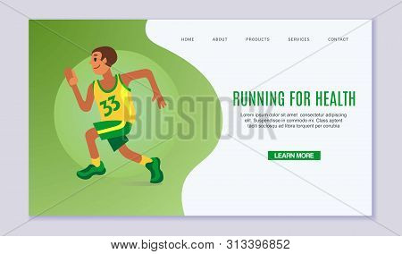 Running Young Man Vector Illustration. Online Fitness Exercise, Webpage Decorated By Man In Run For 