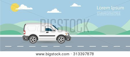 Van Car Free And Fast Delivery To Customer On Road Background Vector Illustration. Van Riding On Hig