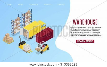 Warehouse Transportation Isometric Vector Illustration. Storehouse And Forklifts. Racks With Boxes O
