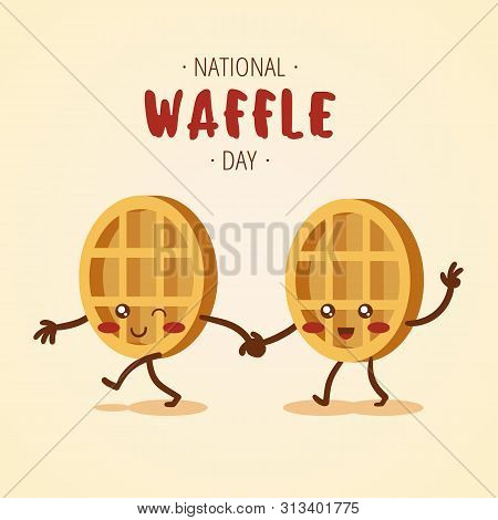 National Waffle Day Colorful Vector Waffles With Cheerful Smiles.
