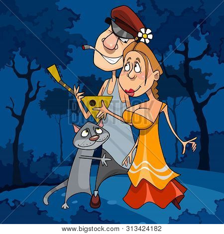 Cartoon Loving Couple In National Russian Clothes Are Walking With A Cat In The Night Forest