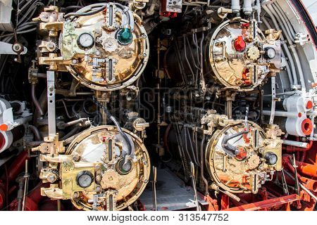 Istanbul, Turkey, 23 March 2019: Torpedo room on a combat submarine torpedo launching tube. Rahmi M. Koc Industrial Museum