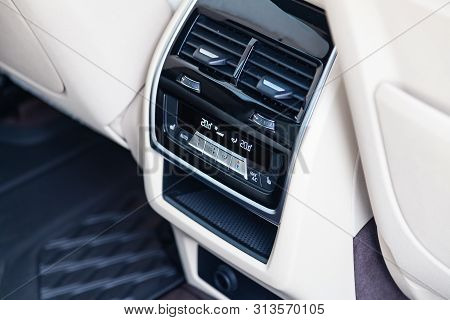 Novosibirsk, Russia - 07.20.2019: View To The White And Brown Interior Of Bmw X7 M Performance With 