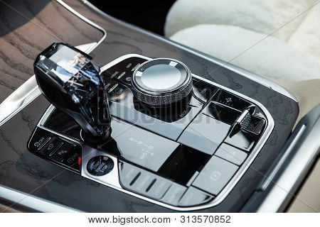 Novosibirsk, Russia - 07.20.2019: View To The White And Brown Interior Of Bmw X7 M Performance With 